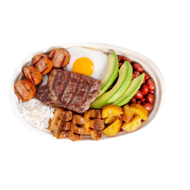 Bandeja Paisa with grilled steak, sausage, fried egg, avocado, beans, rice, and plantains.