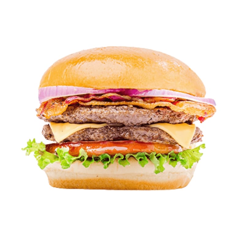 A double cheeseburger from Banana King with bacon, red onion, lettuce, and tomato on a bun.