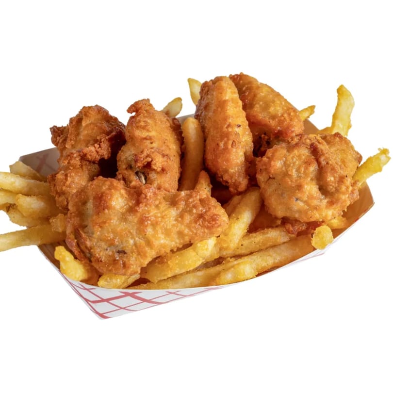 A red and white checkered paper tray filled with golden-brown fried chicken pieces and french fries.