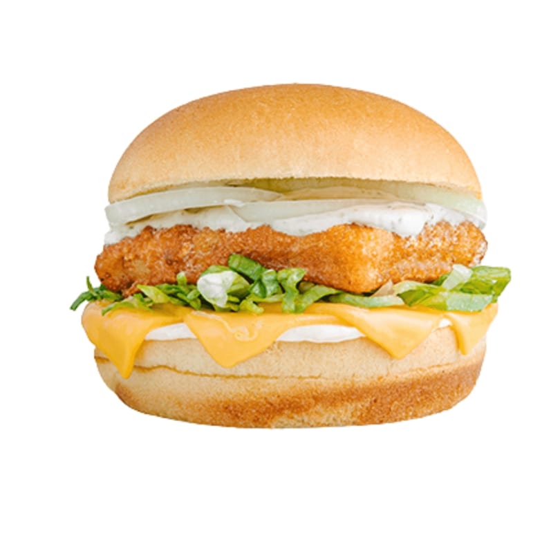 A Banana King fish burger with cheese, lettuce, onions, and tartar sauce on a white background.