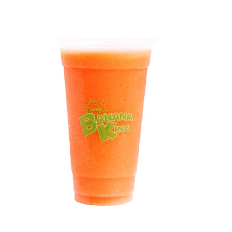 Orange smoothie in a clear plastic cup with the green Banana King logo on a white background.