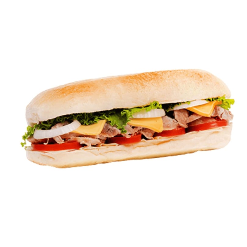 Banana King's long sub sandwich filled with meat, cheese, lettuce, onions, and tomatoes.
