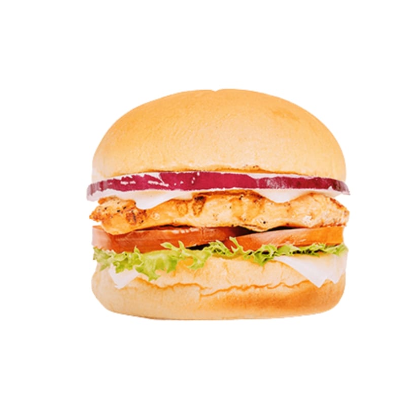 A Banana King grilled chicken sandwich with lettuce, tomato, cheese, and red onion on a bun.