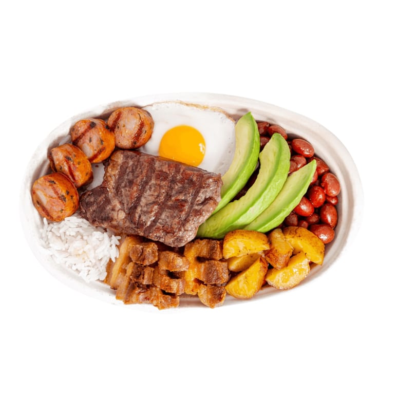A fast-food platter with steak, sausage, fried egg, avocado, beans, rice, and fried plantains.