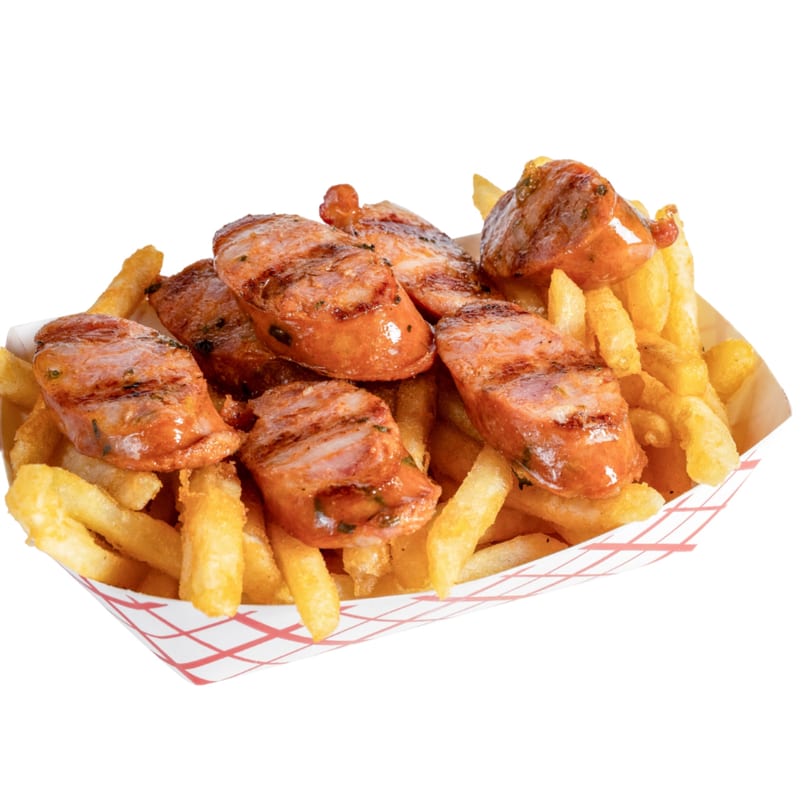 Grilled sausage slices and golden french fries in a red and white checkered paper tray.